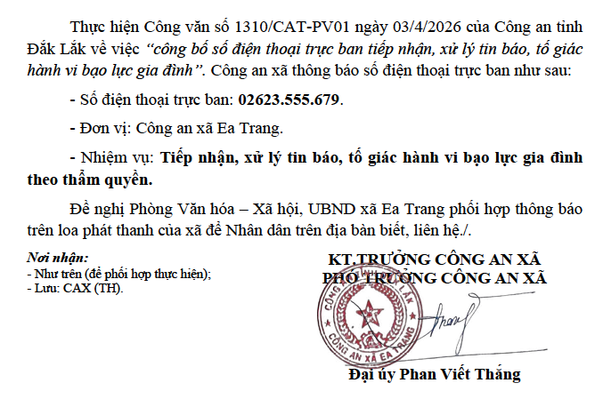 Công an xã Ea Trang công bố số điện thoại trực ban để tiếp nhận, xử lý tin báo, tố giác hành vi bạo lực gia đình