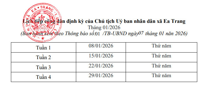Thông báo lịch tiếp công dân tháng 01.2026 của Chủ tịch UBND xã