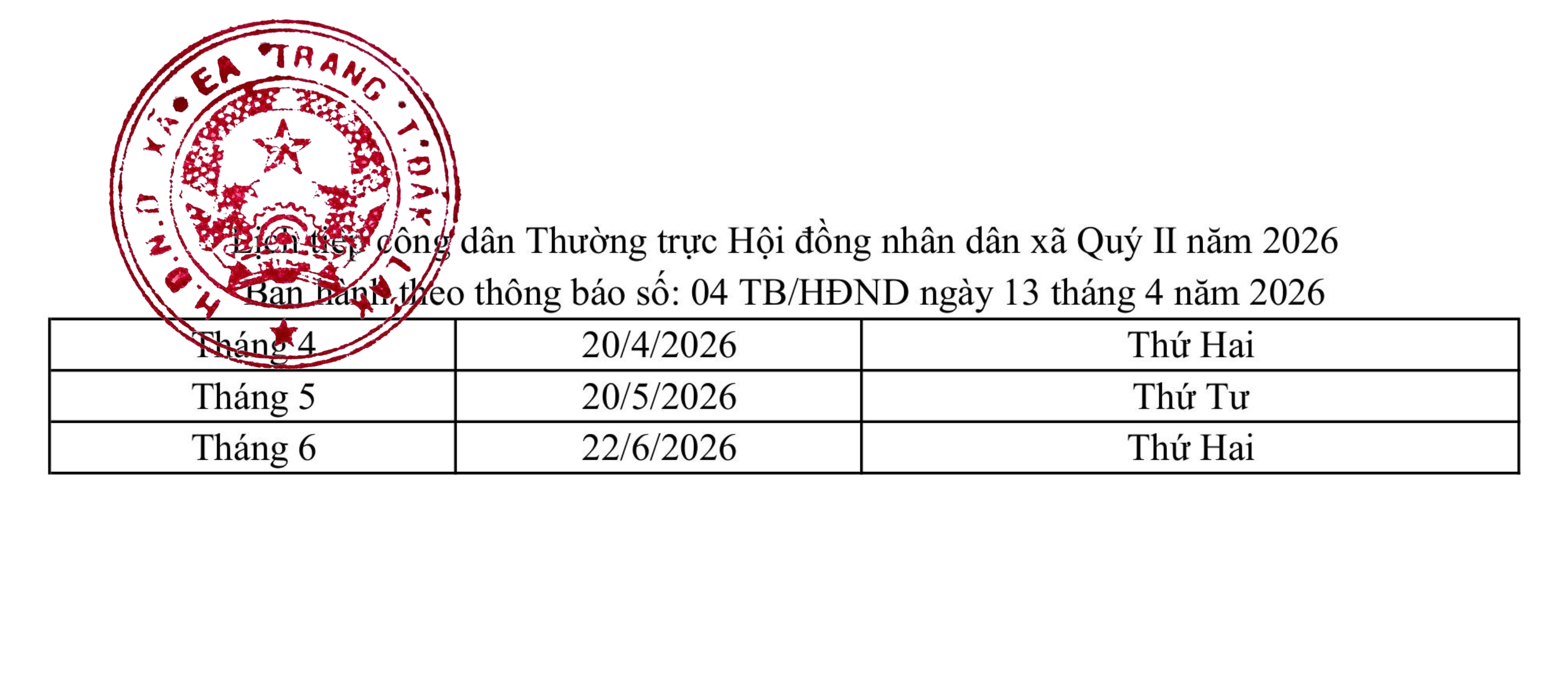 Thông báo lịch tiếp công dân của Thường trực Hội đồng nhân dân xã Quý II năm 2026