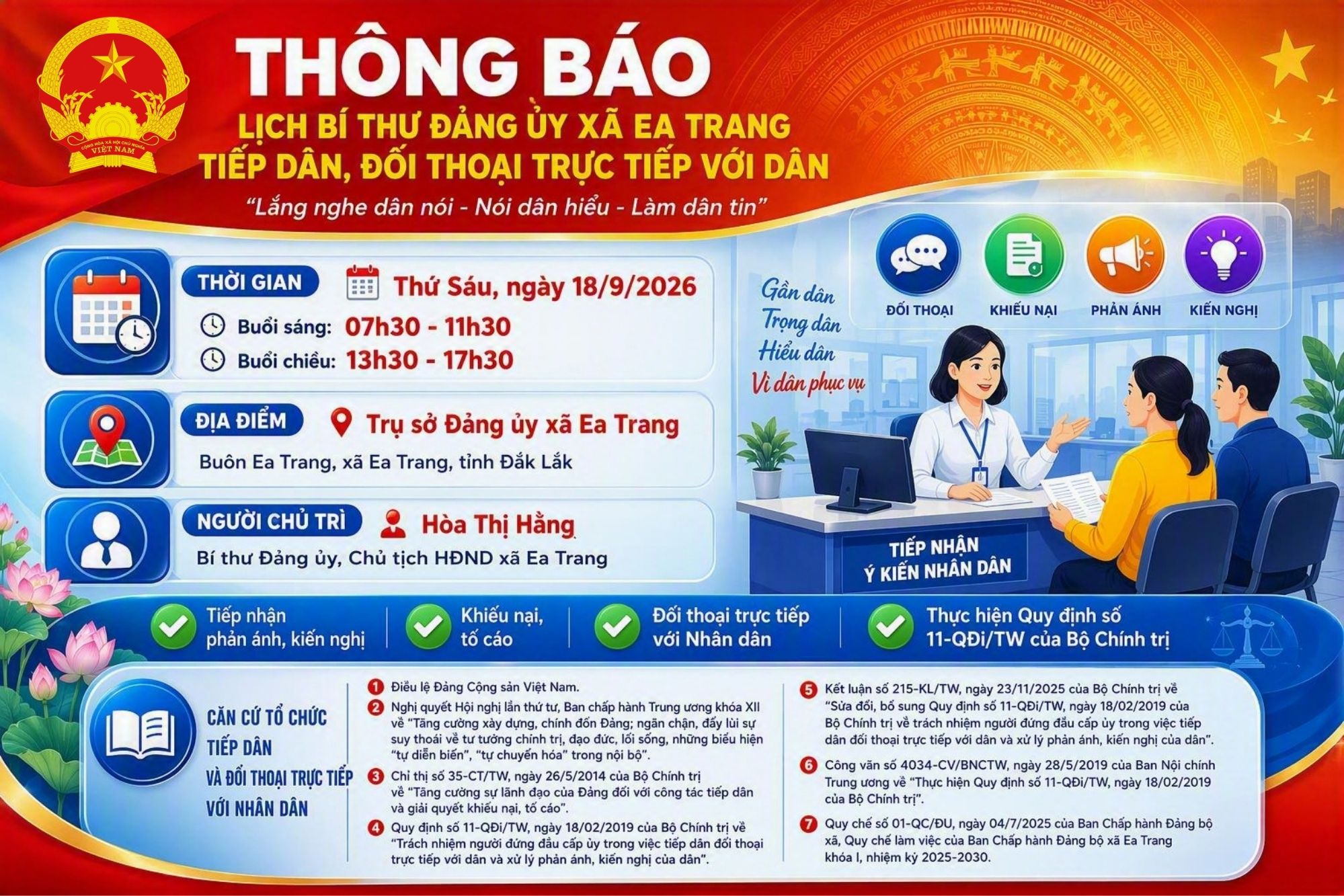 Thông báo lịch Bí thư Đảng ủy xã tiếp dân, đối thoại trực tiếp với dân và xử lý phản ánh, kiến nghị, khiếu nại, tố cáo của dân trên địa bàn xã Ea Trang