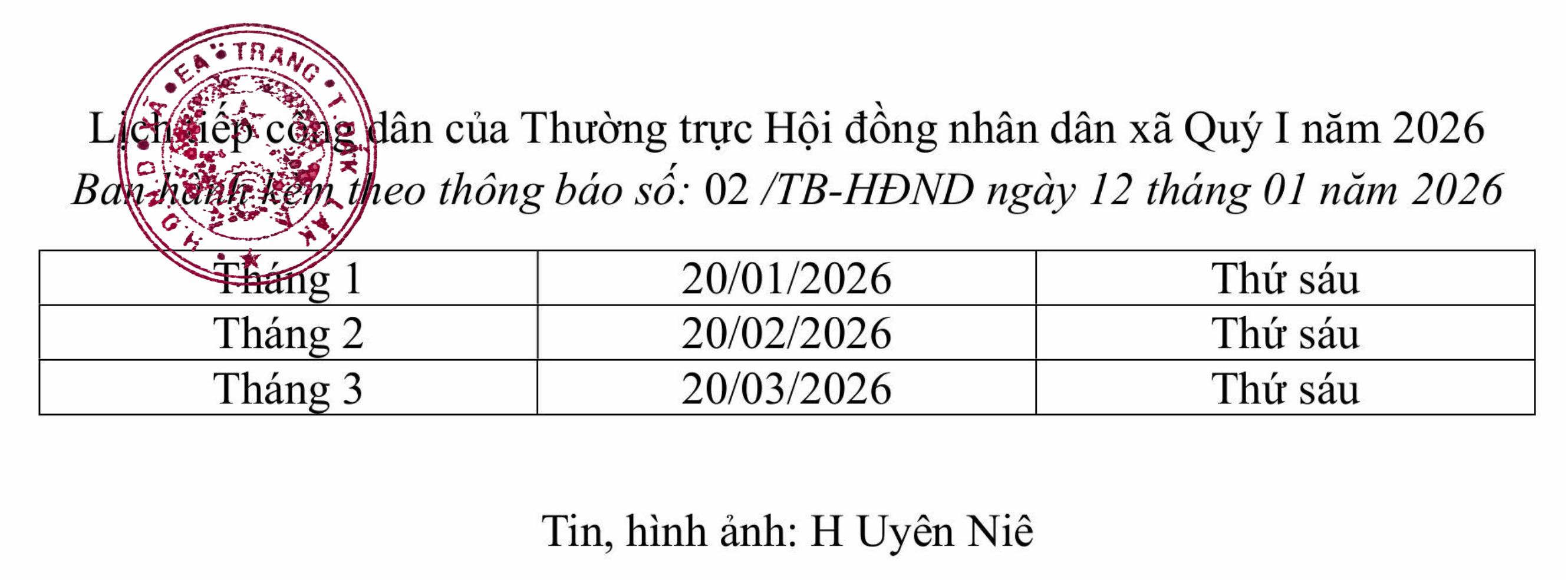 Thông báo lịch tiếp công dân của Thường trực Hội đồng nhân dân xã Quý I năm 2026