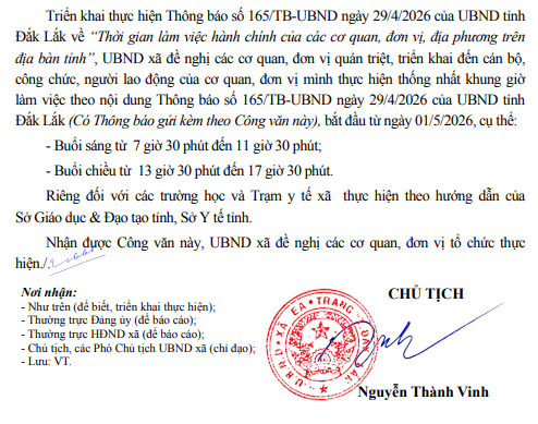 Thông báo về việc thay đổi khung giờ làm việc tại UBND xã Ea Trang